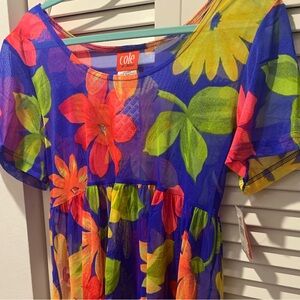 COLE Swimsuit Coverup Dress Blue Floral, Stretch Mesh, Size Small to Medium